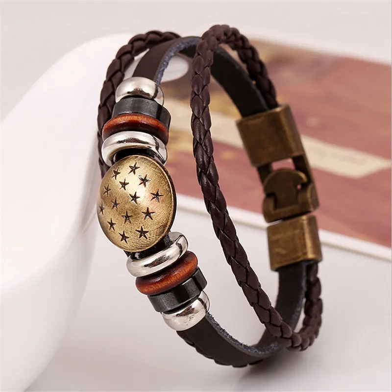 AMOURJOUX винтажные подвески из сплава со звездами Кожаная оплетка браслет на