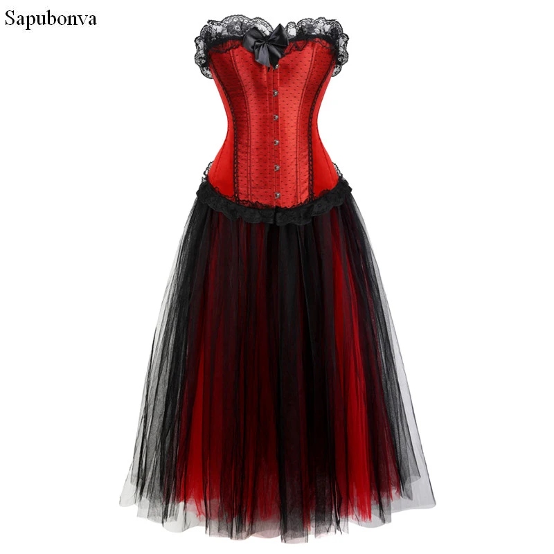 Sapubonva corset dress long cosplay costume plus size mesh skirt set tank lace up overbust corsets bustiers top sexy vintage red