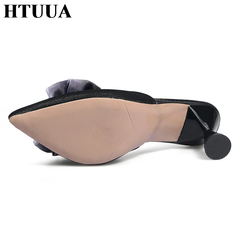 HTUUA/модные шлепанцы с блестками и бантом женские туфли без задника сезон