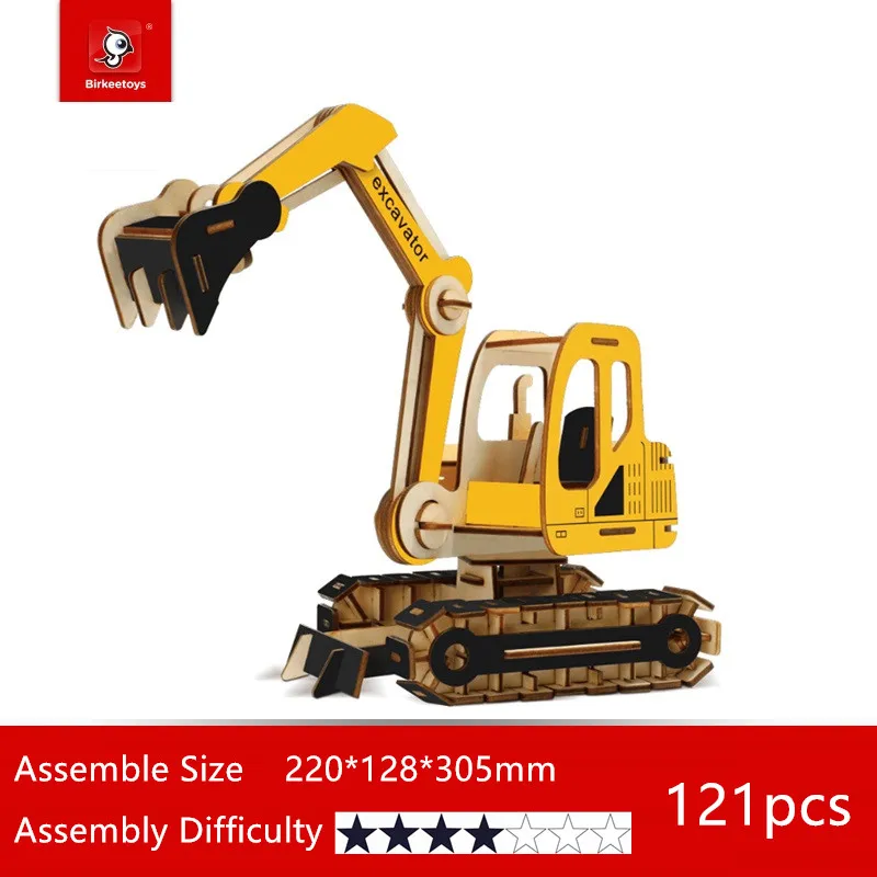 Лазерная резка 3D Деревянный пазл механический автомобиль экскаватор автобус