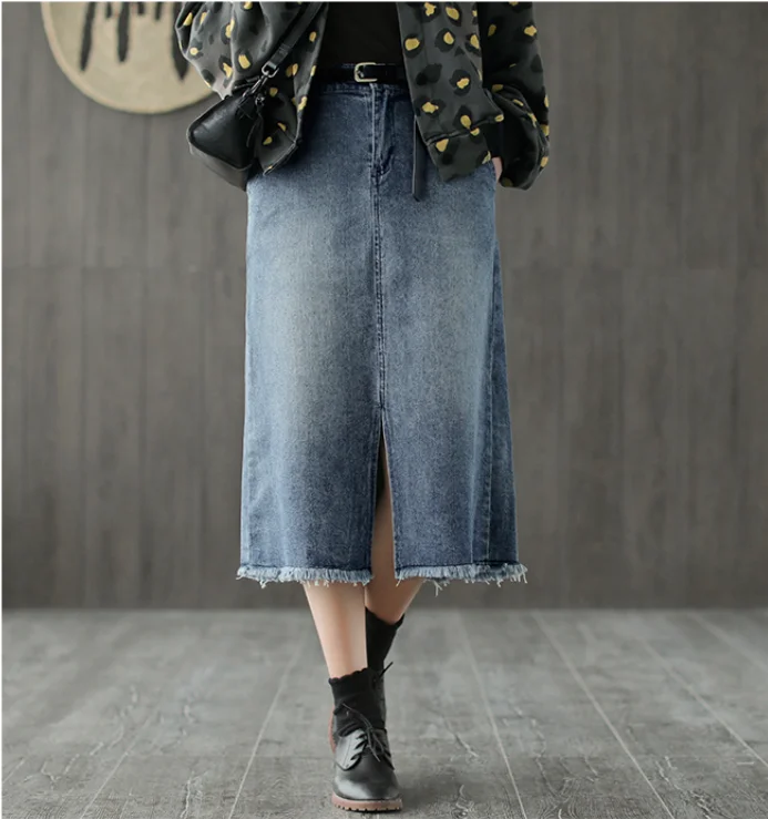 Весенне Осенняя юбка модные женские туфли деним разделение Новый эластичный