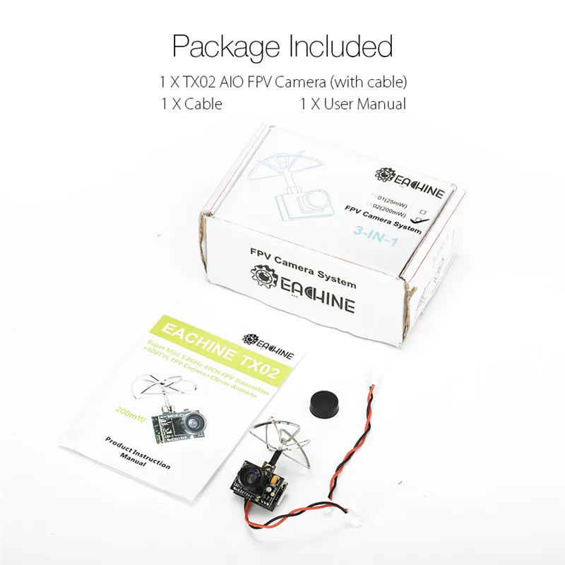 Горячая Распродажа Eachine TX02 супер мини AIO 5,8G 40CH 200mW VTX 600TVL 1/4 Cmos FPV камера для FPV мультикоптера