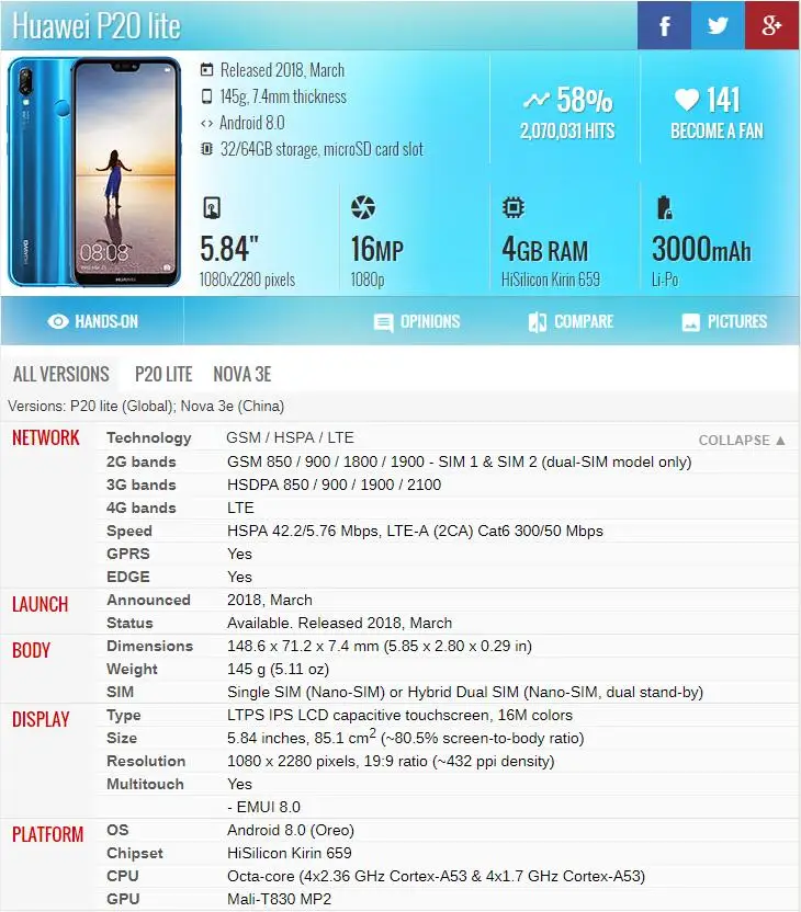 Оригинальный ЖК дисплей для Huawei P20 Lite / Nova 3E сенсорный экран дигитайзер в сборе
