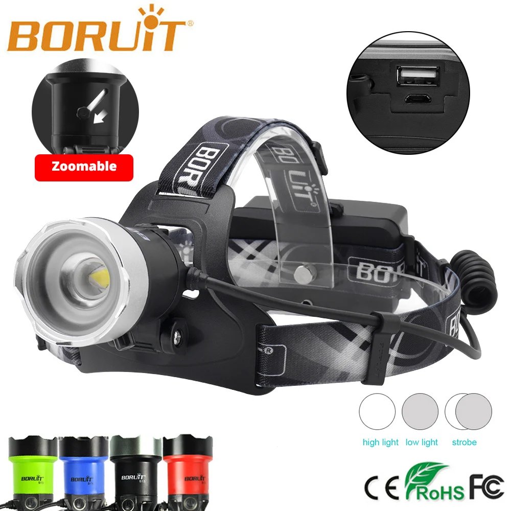 Boruit налобный фонарь с зумом B13 светодиодный Перезаряжаемые налобный Регулируемый светильник с 3 режимами водонепроницаемые фонари 1200LM XM-L2 Мощность с берега