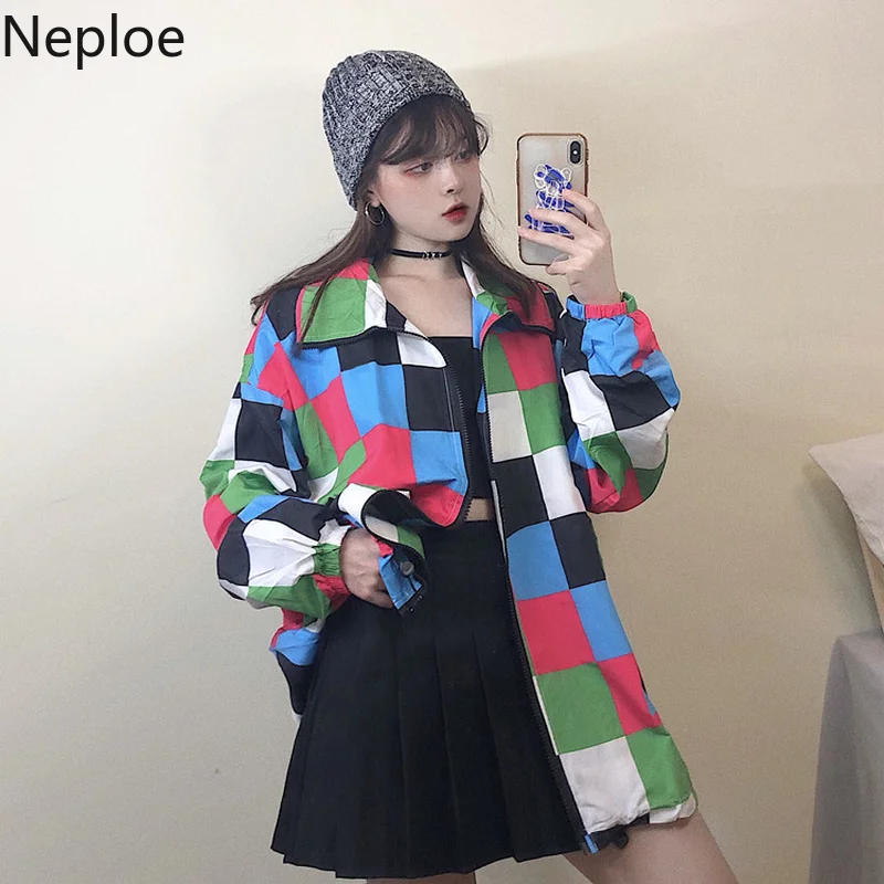 Осенняя свободная клетчатая куртка для влюбленных Neploe повседневная одежда с