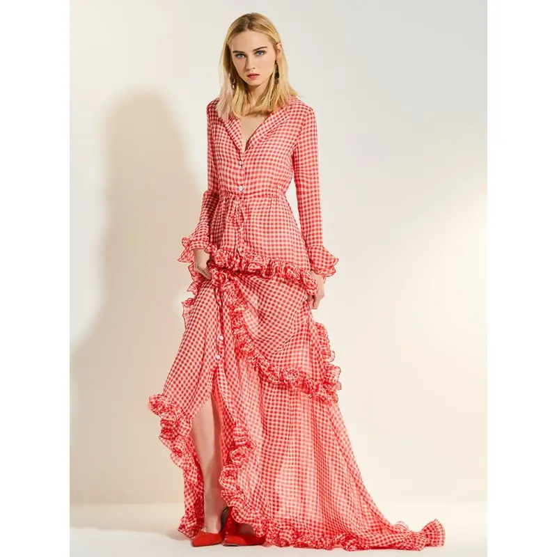 Женское Повседневное платье макси элегантное красное свободное клетчатое с