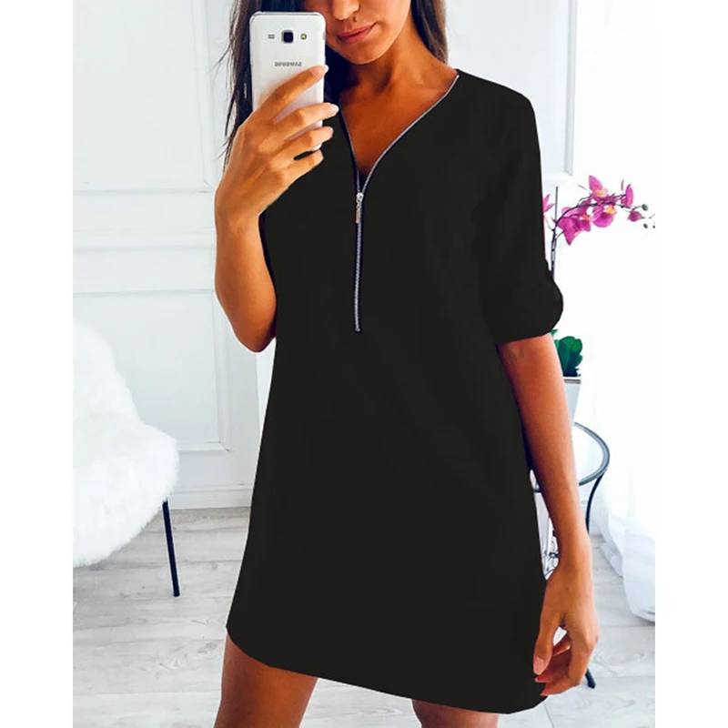 Женское шифоновое платье на молнии однотонное повседневное свободное мини с