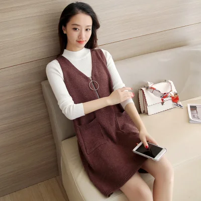 brown red knit shirt Вязаное платье Весна Женский вязаный жилет свободный длинный пуловер свитер женское платье без рукавов с v-образным вырезом Элегантное повседневное платье f097 - Цвет: brown red knit shirt