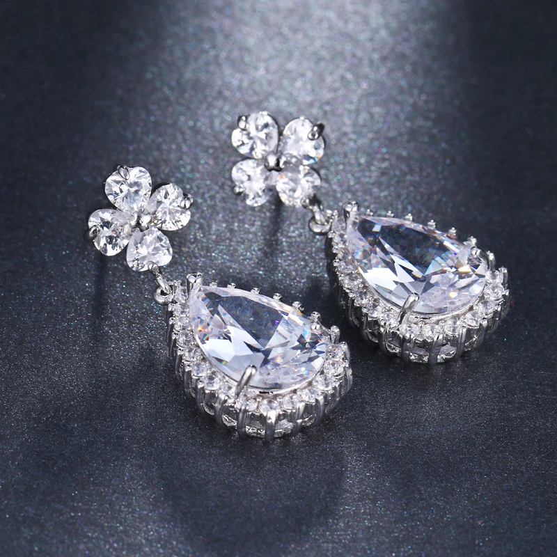 Модные серьги-подвески с цветами и кристаллами в форме груши фианиты класса ААА