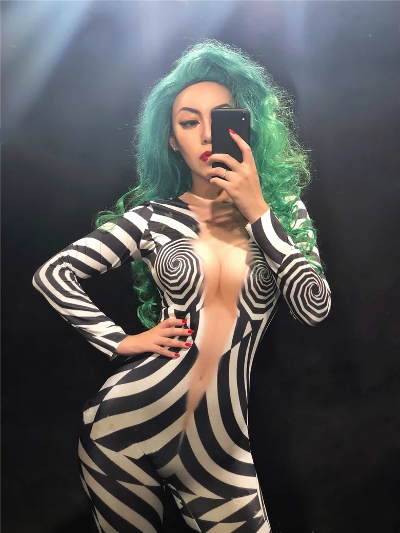 Women New Sexy Printing Stripe Jumpsuit Female Sexy Stretch Leggings Costume One-piece Bodysuit Stretch Outfit Party Rompers