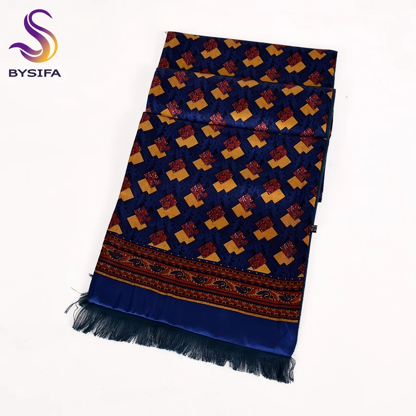 [BYSIFA] Синий Золотой мужской шелковый шарф модный двойной платок 100% шелк теплый на