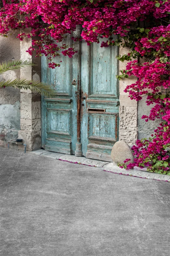 Фон для фотосъемки весенние цветы винтажная деревянная дверь кирпичная стена