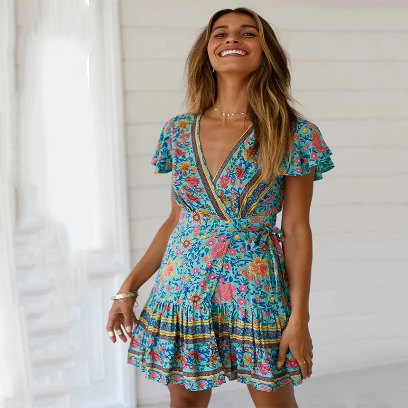 HLMFS женское бирюзовое мини платье с цветочным принтом летнее богемное v образным