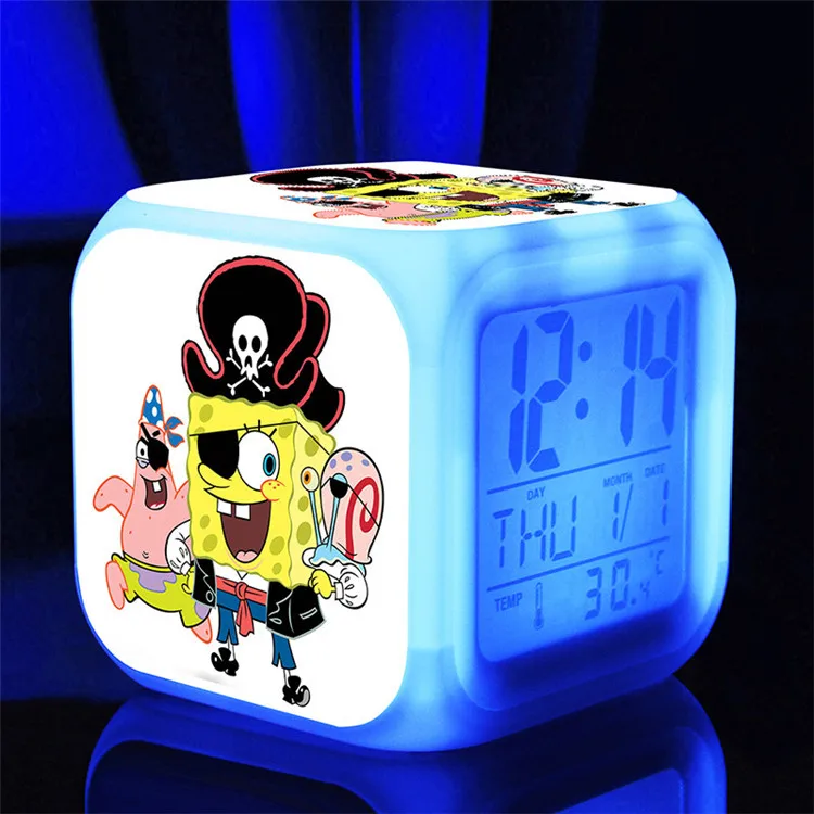 SpongeBob светодиодный Будильник 7 цветов светящийся большой экран цифровой детский будильник подарок на день рождения многофункциональные сенсорные часы - Цвет: Белый