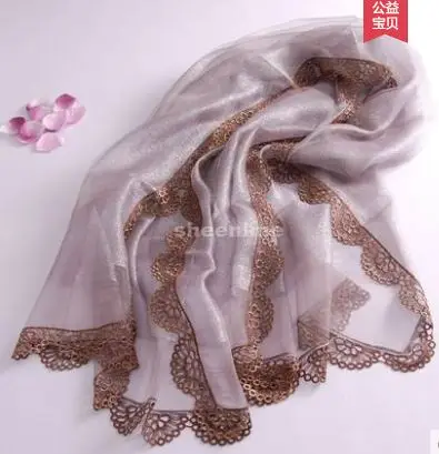 B5 silver grey 22 цвета высокого качества, блестящие двухслойный шелк органза длинный шарф осень зима теплая обертка этнические пашмины с кружевной окантовкой - Цвет: B5 silver grey