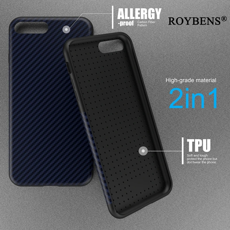 For iPhone 8 Plus Case Roybens Synthetic Fiber Carbon Cell Phone 7 Soft TPU Rubber Skin Durable Cover |