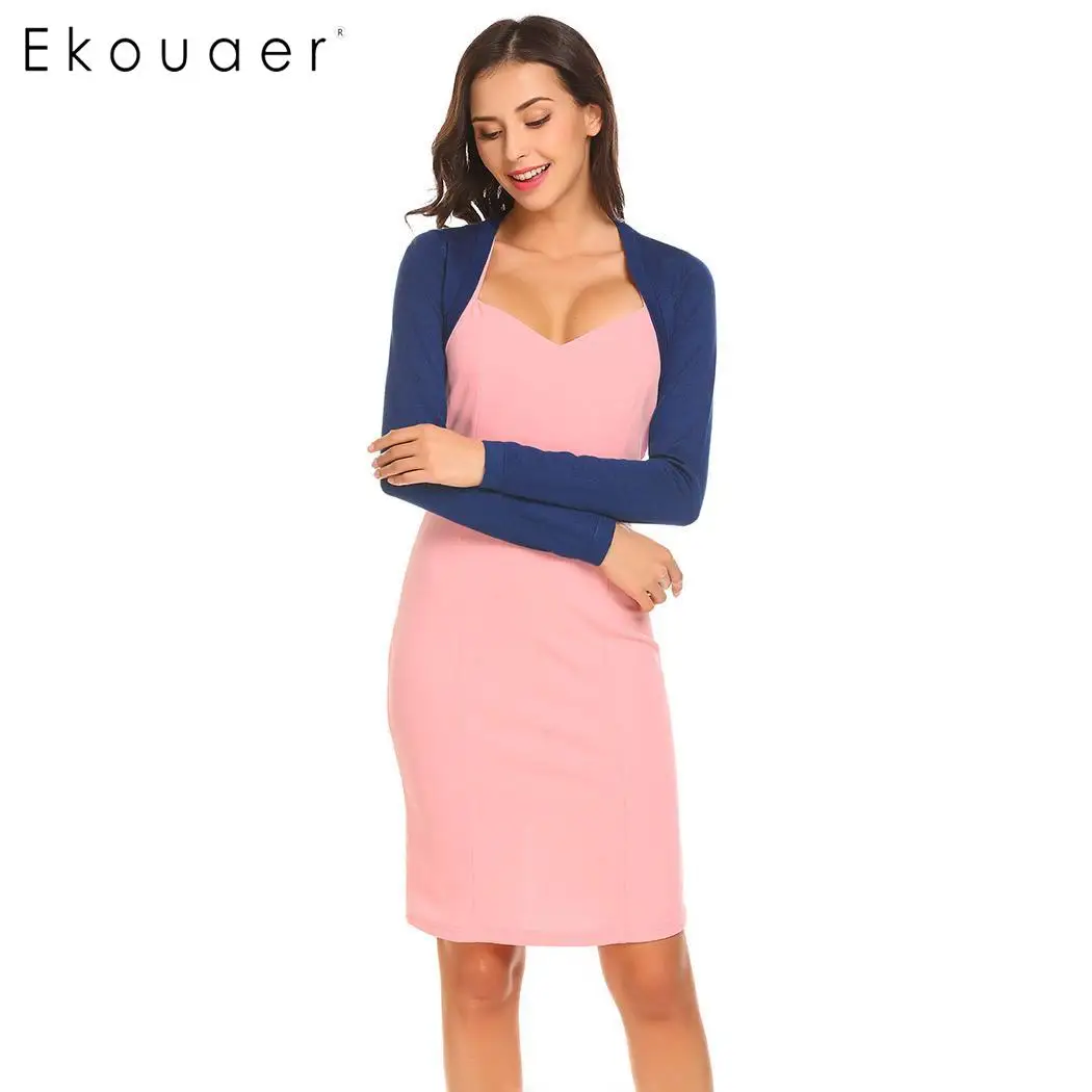 navy blue Ekouaer женский укороченный кардиган свитер длинный рукав болеро однотонный Kinited короткий топ кардиган Топы Женская одежда - Цвет: navy blue