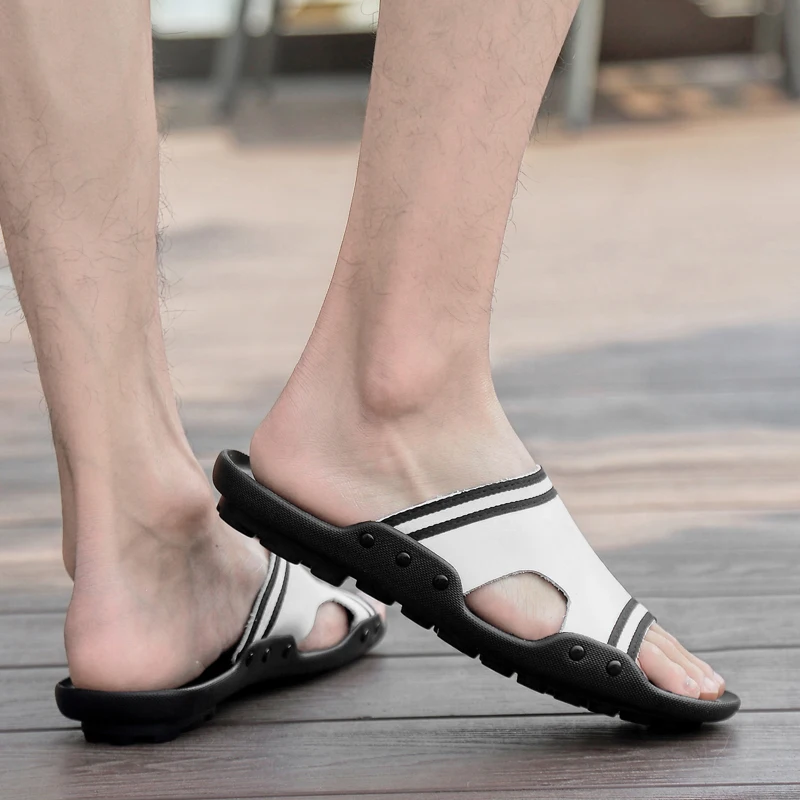 Мужские кожаные шлепанцы повседневная Уличная обувь плоская подошва пляжные