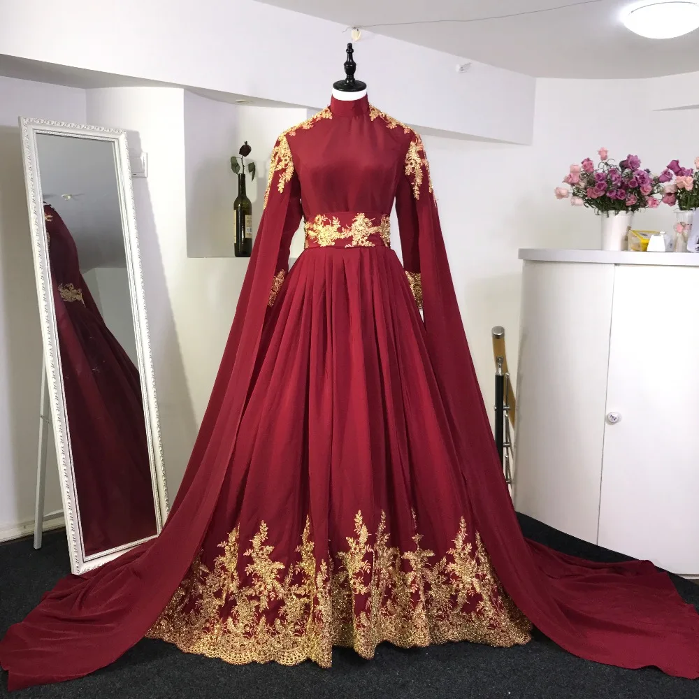 Мусульманские свадебные платья с длинным рукавом бордовые красные золотые