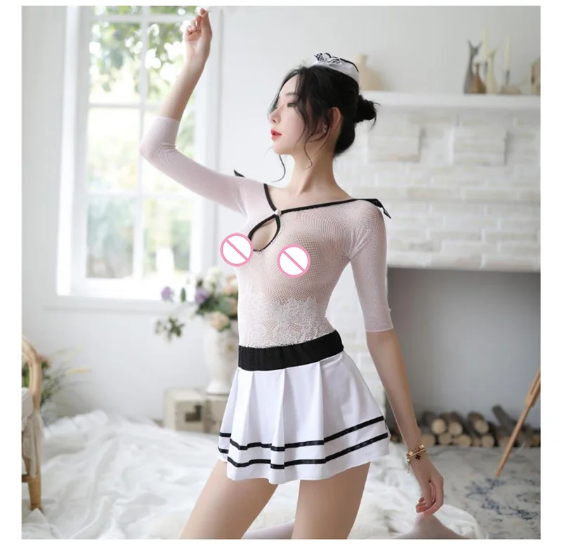 Sailor Uniform Lace Embroidery Sexy Lingerie Ultrathin Open Bra Pajamas Open Crotch Erotic Underwear Stockings Babydoll Dress