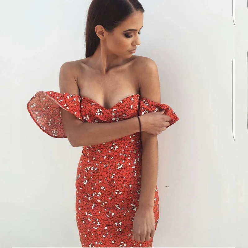 2018 Summer Dresses Boho Off Shoulder Dress Strapless Bandage Backless Robe Femme Red Mini Floral Sexy Party | Женская одежда
