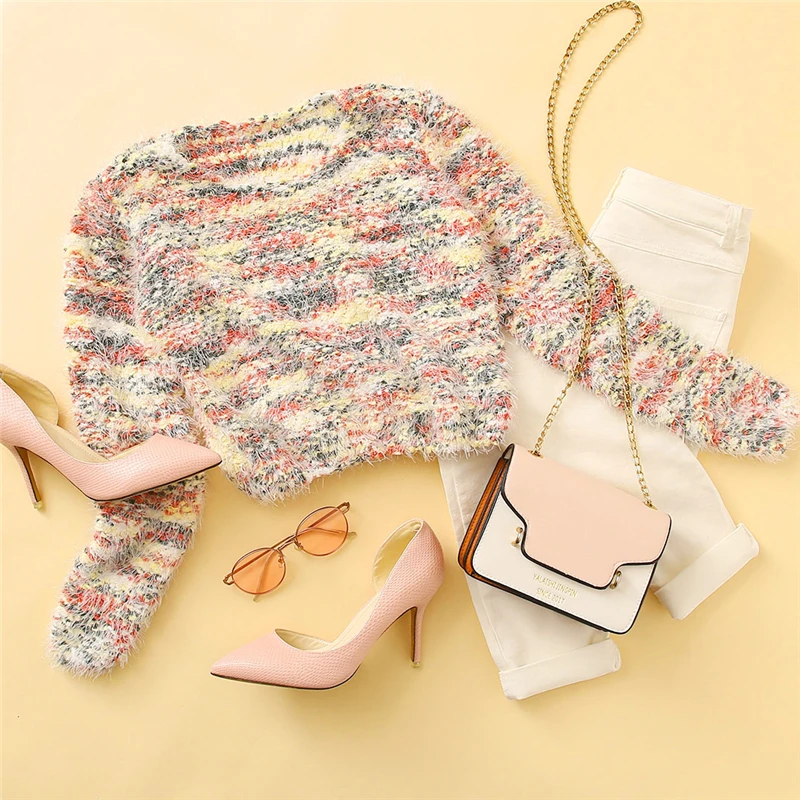 Dotfashion многоцветный короткий вязаный свитер с круглым вырезом, женские пуловеры, круглый вырез, длинный рукав, весна, осень, зима, Повседневный свитер