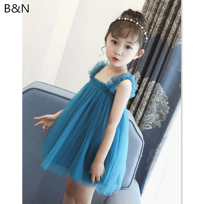 Летнее Сетчатое платье из тюля для девочек однотонное детское бальное на