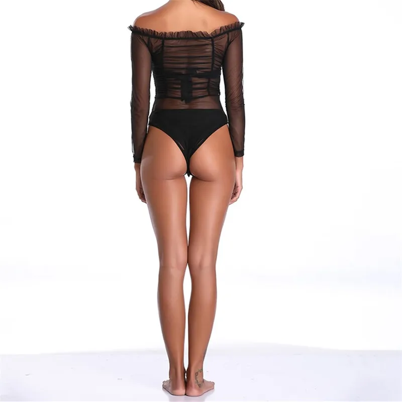 Женский сексуальный прозрачный черный сетчатый боди с длинным рукавом и