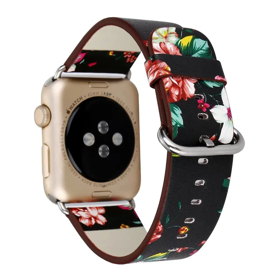 Floral Printed Leather Wristband for Apple Watch 4 3 2 1 Band Flower Design Replacement Strap for iWatch 38mm 42mm 40mm 44mm