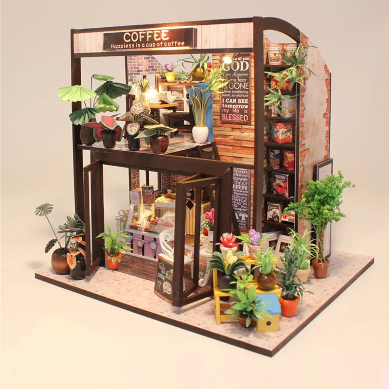 Hoomeda M027 Coffee House DIY Dollhouse With Music Motor Cover Light Miniature Model Toy Gift | Игрушки и хобби