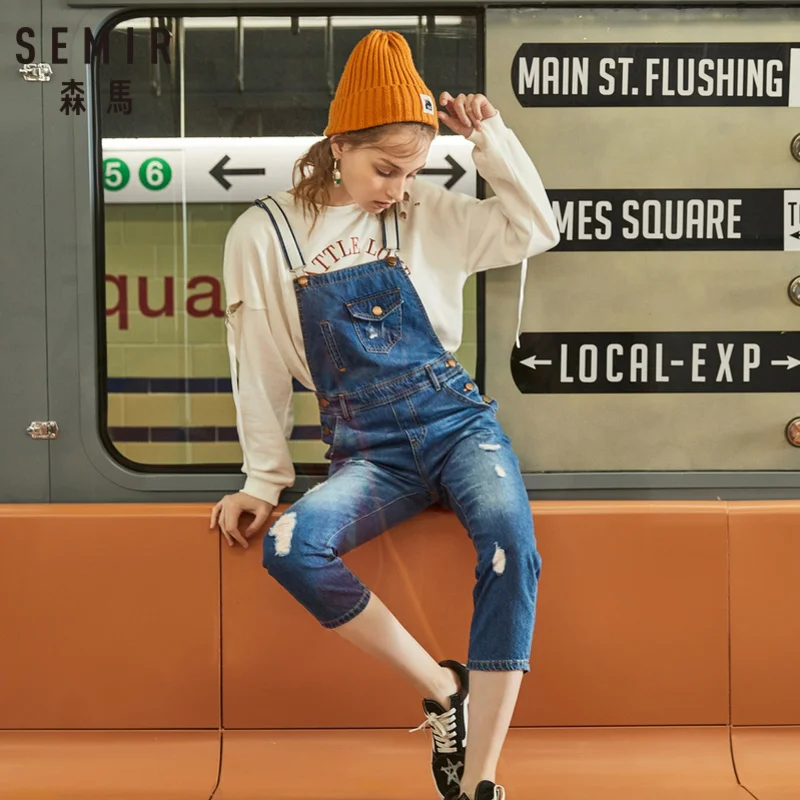 SEMIR женский джинсовый комбинезон из 100% хлопка с потертостями Облегающий потертой