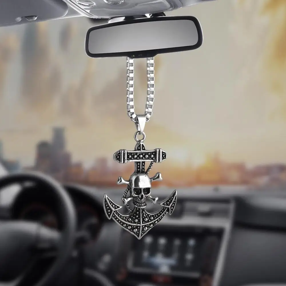 Подвеска для автомобиля, подвесные украшения, металлический Ретро цельный череп, якорь корабля, Автомобильное зеркало заднего вида, украшение, автомобильные аксессуары