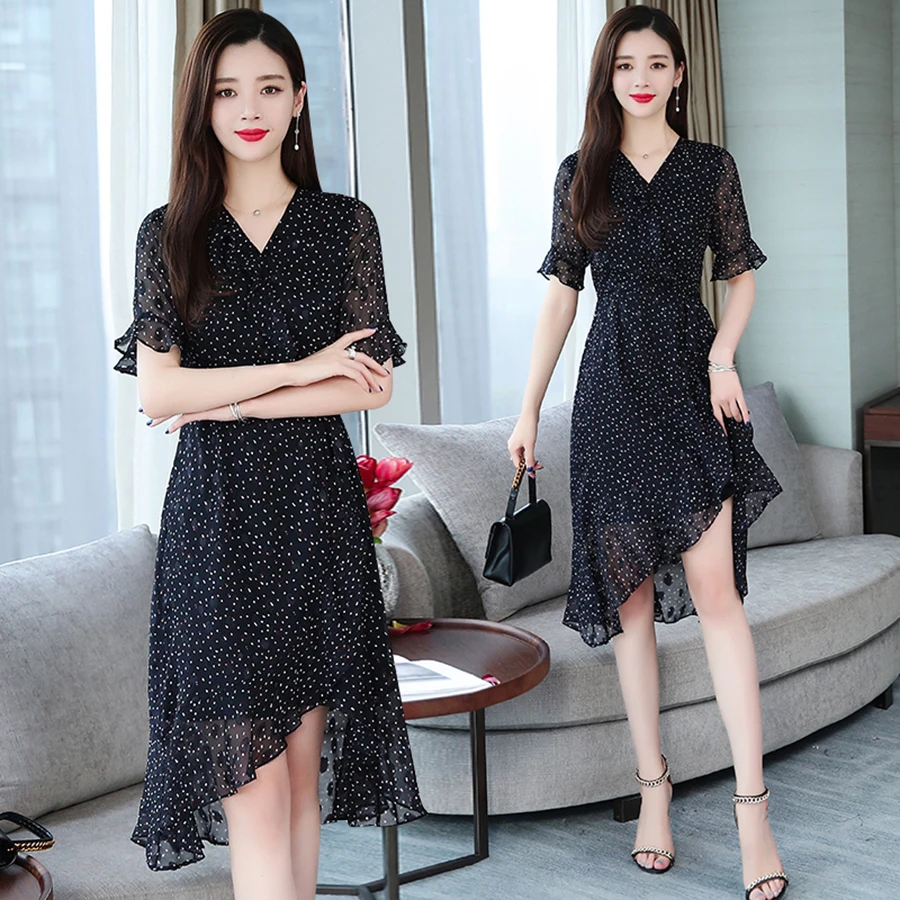 Женское шифоновое платье миди в горошек черное пляжное стиле бохо повседневное