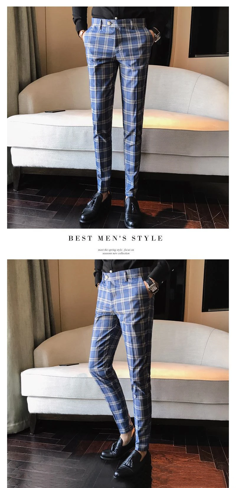 Мужская одежда брюки синий положенный бизнес случайный Slim Fit Pantalon A Carreau Homme классический винтажный клетчатый костюм брюки Свадебные брюки