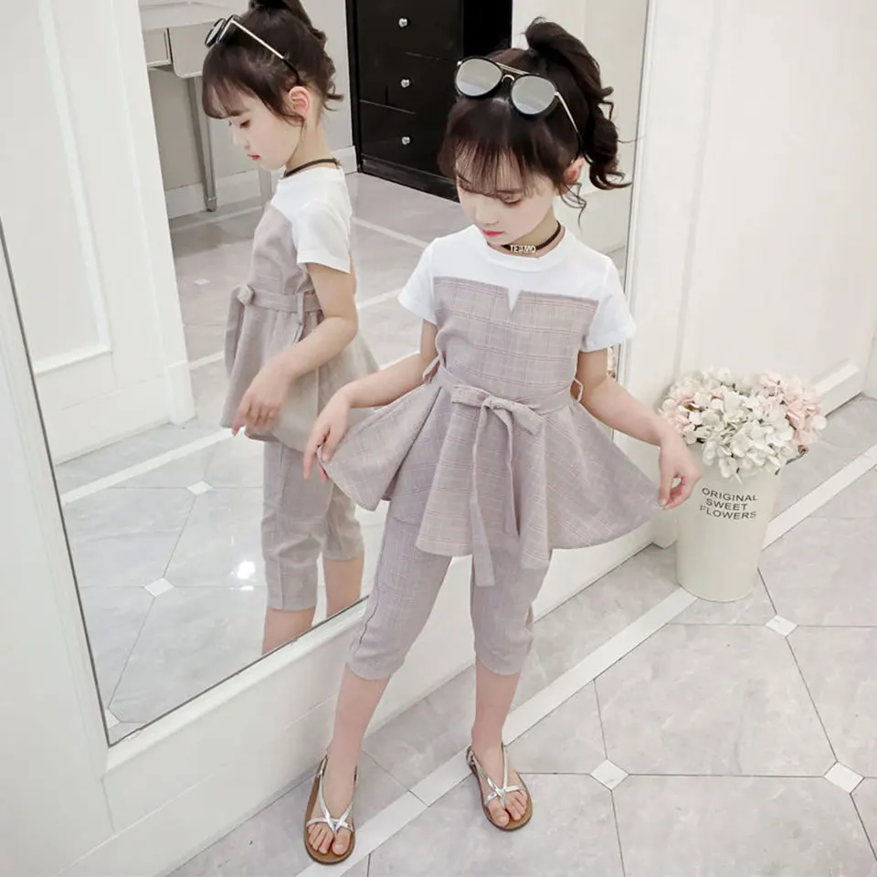 Летняя одежда для маленьких девочек Модный хлопковый комплект в клетку