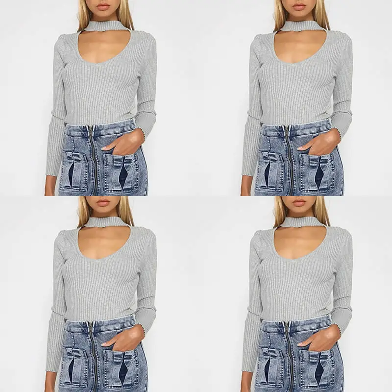 2017 Горячая женщина чокер шеи Эластичный Тощий блузка черный/белый/красный/серый