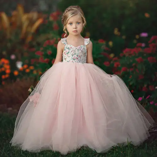 

Flower Girls Sleeveless Dress Lace Princess Party Wedding Bridesmaid Dress Long Sundress Hot Sale