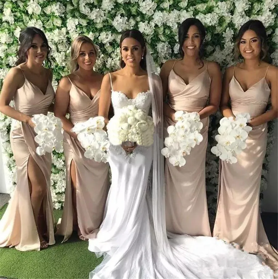

Elegant Long Bridesmaid Dress Sweetheart Spaghetti Strap Side Split Sexy Women Wedding Party Gowns 2019 Vestido De Festa Cheap