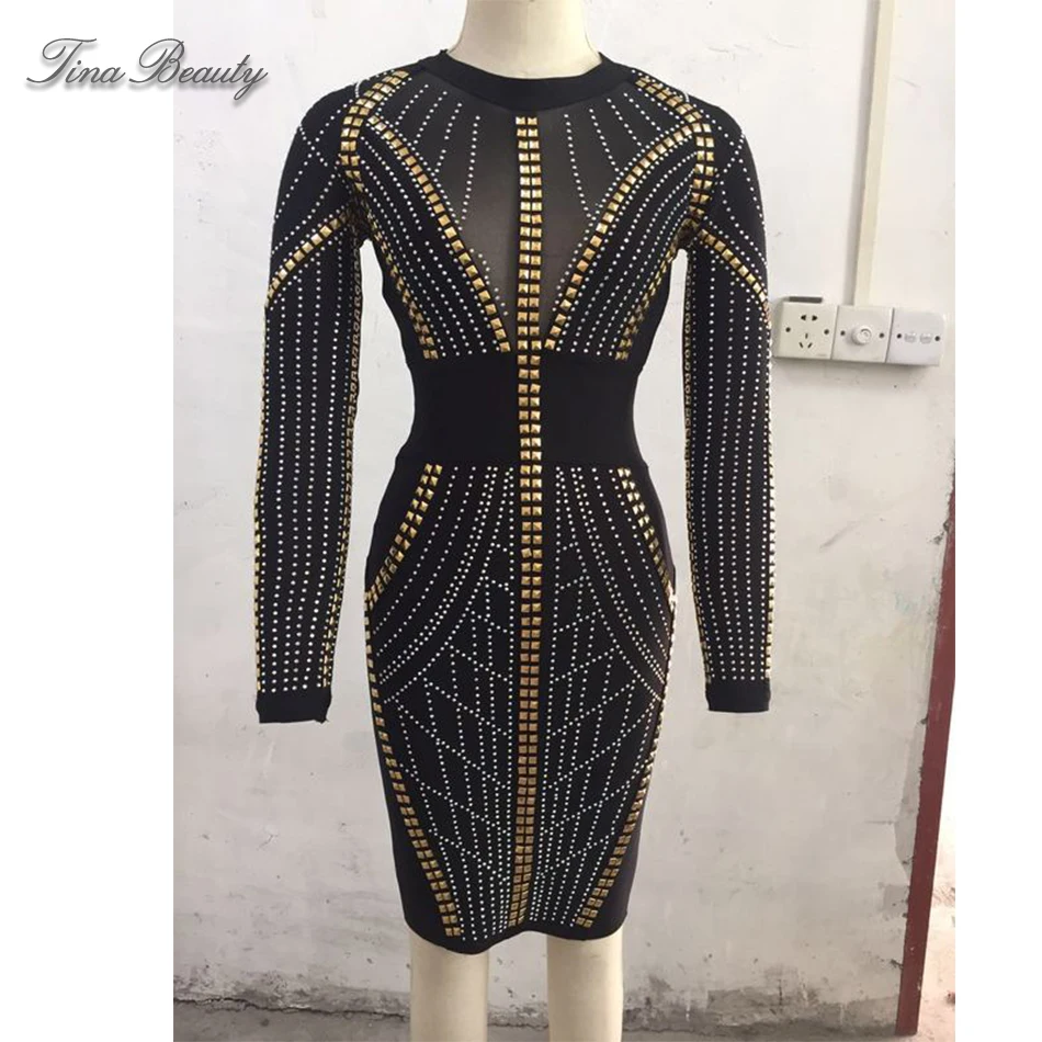 

2019 New Summer White Black Beadings Bandage Dress Vestidos Sexy Long Sleeve Bodycon Dresses Evening Party Dress