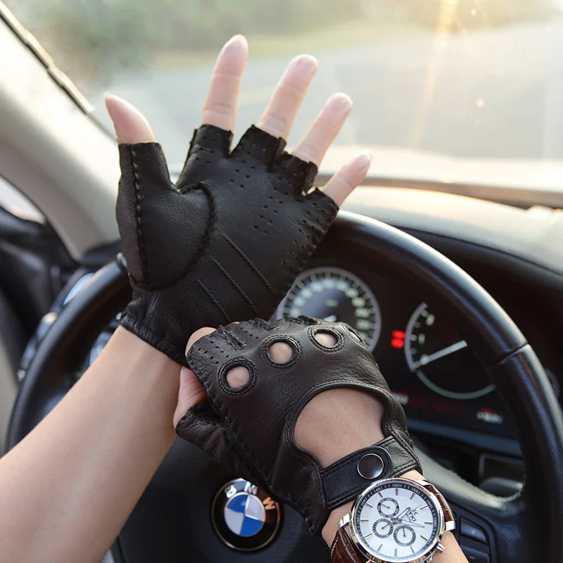 Перчатки мужские кожаные без подкладки Нескользящие митенки из оленьей кожи