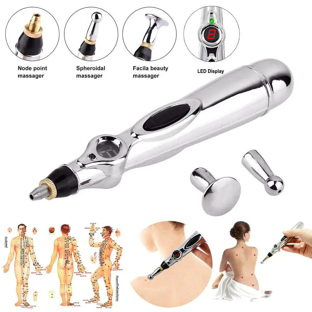 SLIVER 3 in 1 Electric Acupuncture Magnet Therapy Heal Massage Pen Meridian Energy Pen Relief Pain Tools with 3 replacement head Health - Цвет: SLIVER