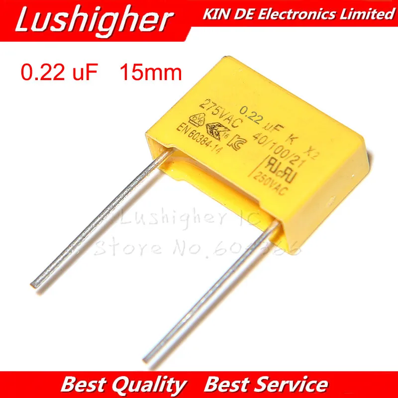 

10 шт. 275VAC 0,22 мкФ 220nF 224 X2 275V Шаг 15 мм полипропиленовый пленочный конденсатор