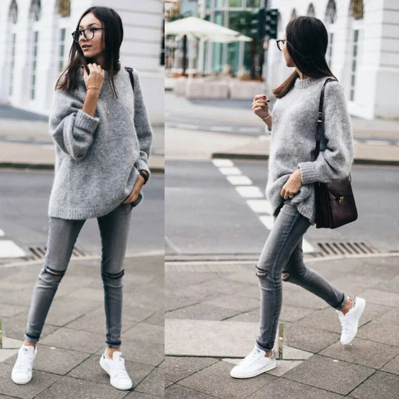 Для женщин мохер пушистый Твердые серый вязаный свитер с длинным рукавом О
