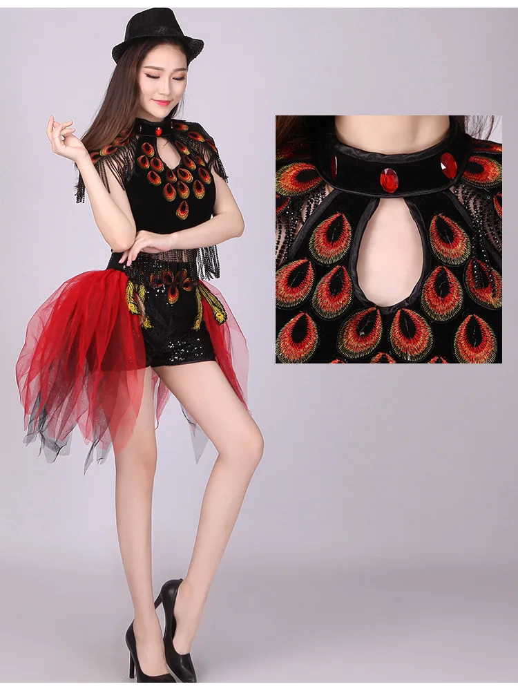 Женский костюм для джазовых танцев танцевальный с павлиньими блестками| |