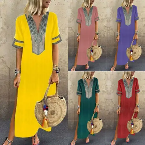 Женское длинное платье из хлопка и льна в этническом стиле повседневное пляжное