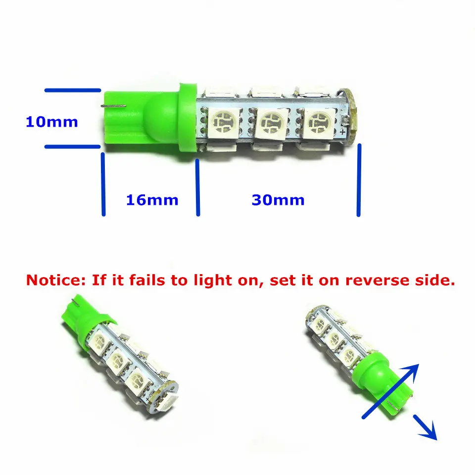 12V светодиодный зеленый цвет автомобильная лампа T10(13*5050 SMD)W5W W2.1X9.5d для сигнала Топ