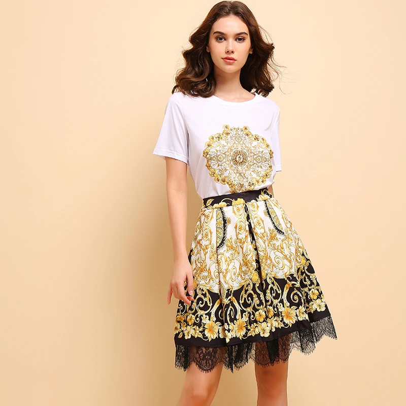 LD LINDA DELLA Fashion Spring Summer Suits Women's Elegant Short Sleeve Beading T-shirt+Vintage Floral Printed Skirt 2Pieces Set