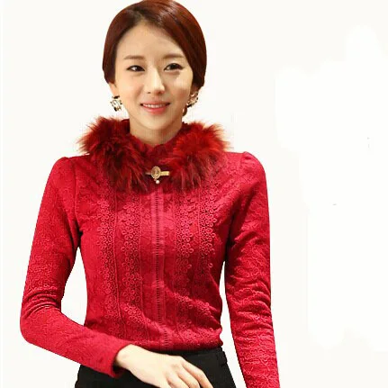 Зима Теплая БАРХАТНАЯ Блуза для Женщин с Меховым Воротником 2016 новые Женщины