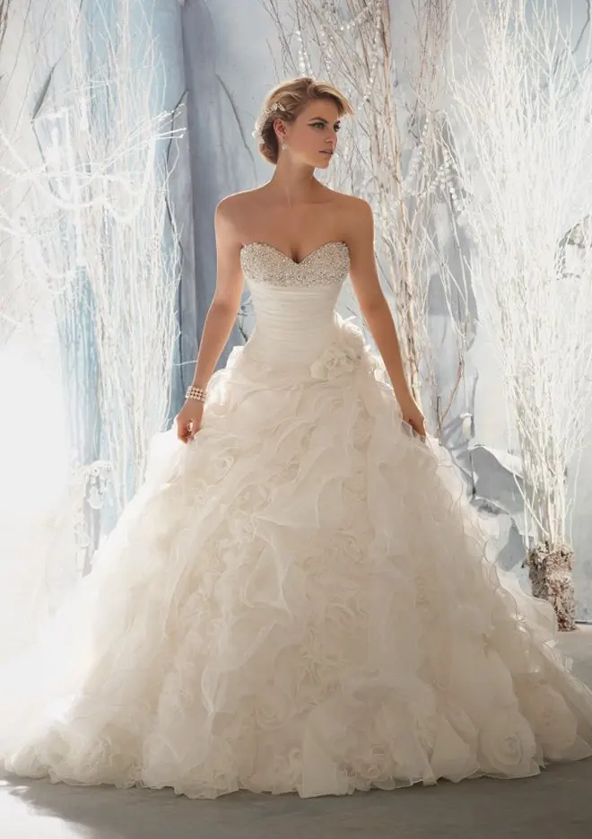 2014 New Custom Made Ivory/White Satin Organza Ruffles Pleat Pearls Beading Strapless A-Line Wedding Dress Bridal Gown | Свадьбы и