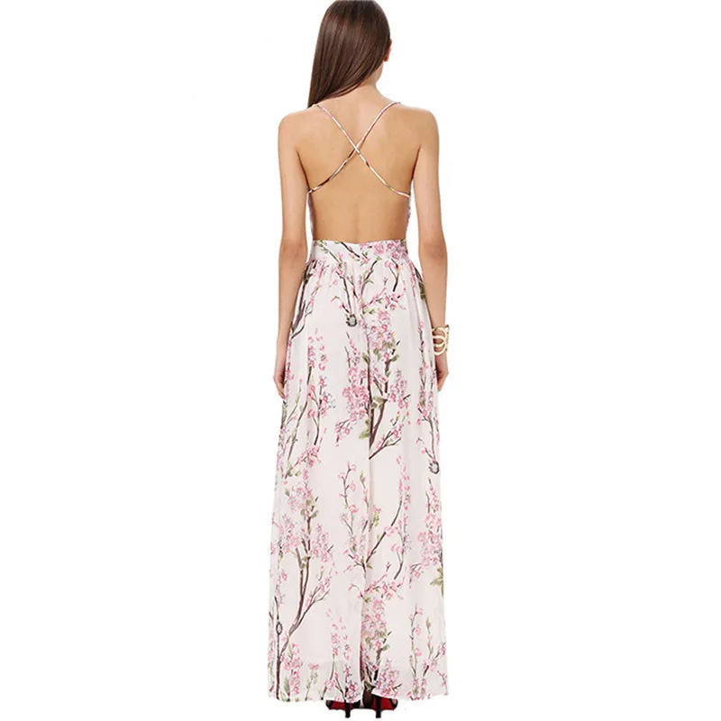 Женское платье-макси на бретельках с открытой спиной и цветочным принтом лето 2019